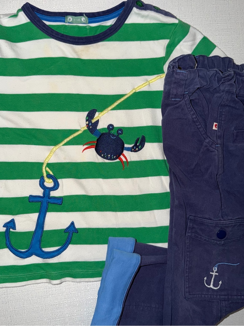 Piccalilly Green and White Striped Crab Appliqué Kids Top and Navy Pants Set 6/7